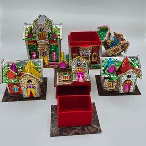 Lot of 5 Vintage The Bombay Company Christmas Putz Sequin Trinket Box Houses